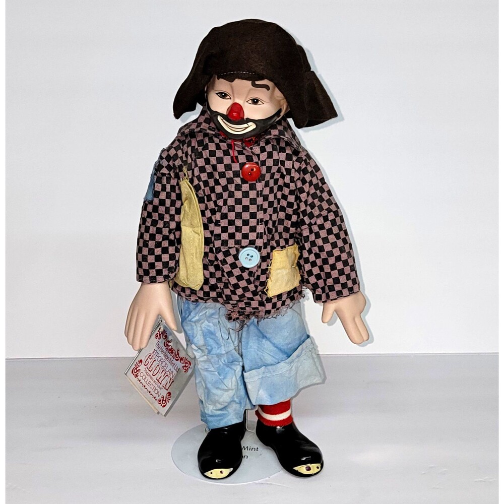 Vintage 1989 Heritage Mint Porcelain Hobo Clown Doll 16" "Wilbur" WT and stand.